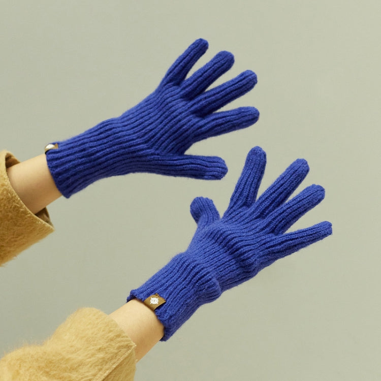 Wool knit winter gloves in blue, ribbed cuffs with full five-finger design
