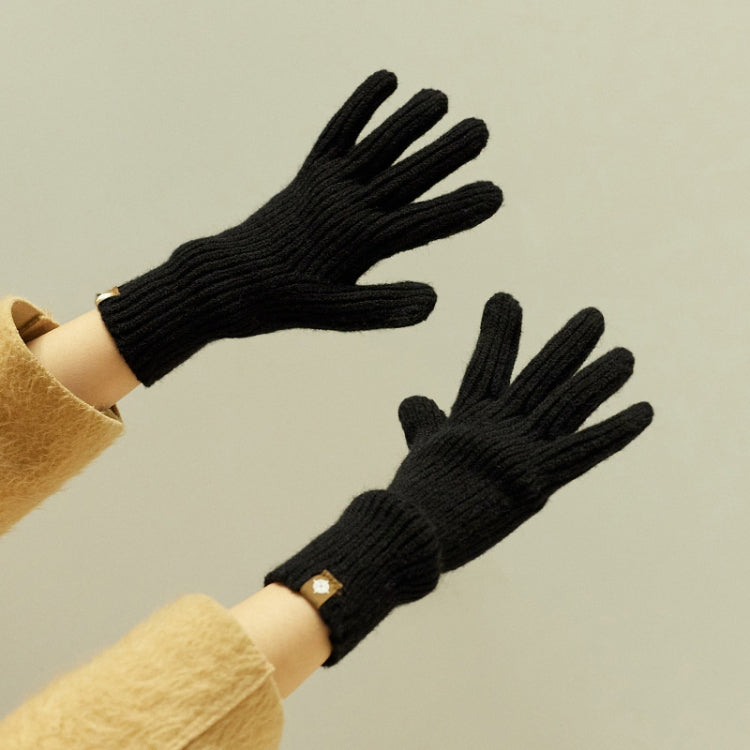 Wool knit winter gloves in black, ribbed cuffs with full five-finger design