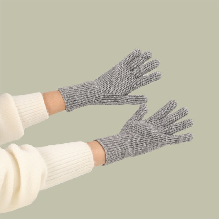 Wool knit winter gloves in gray, ribbed cuffs with full five-finger design