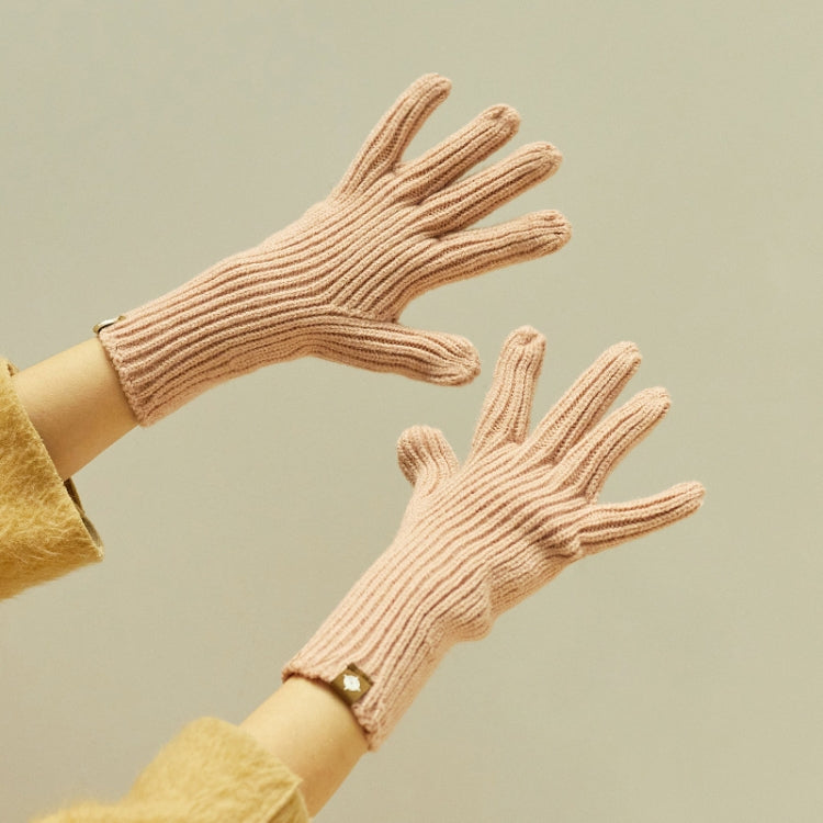 Wool knit winter gloves in light pink, ribbed cuffs with full five-finger design