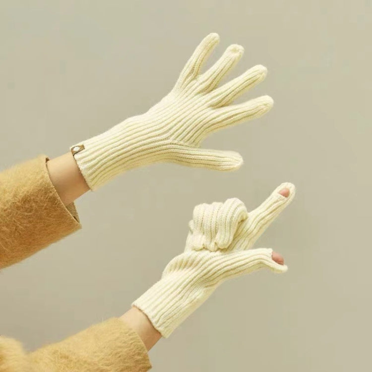 Wool knit winter gloves in off-white, ribbed cuffs with full five-finger design