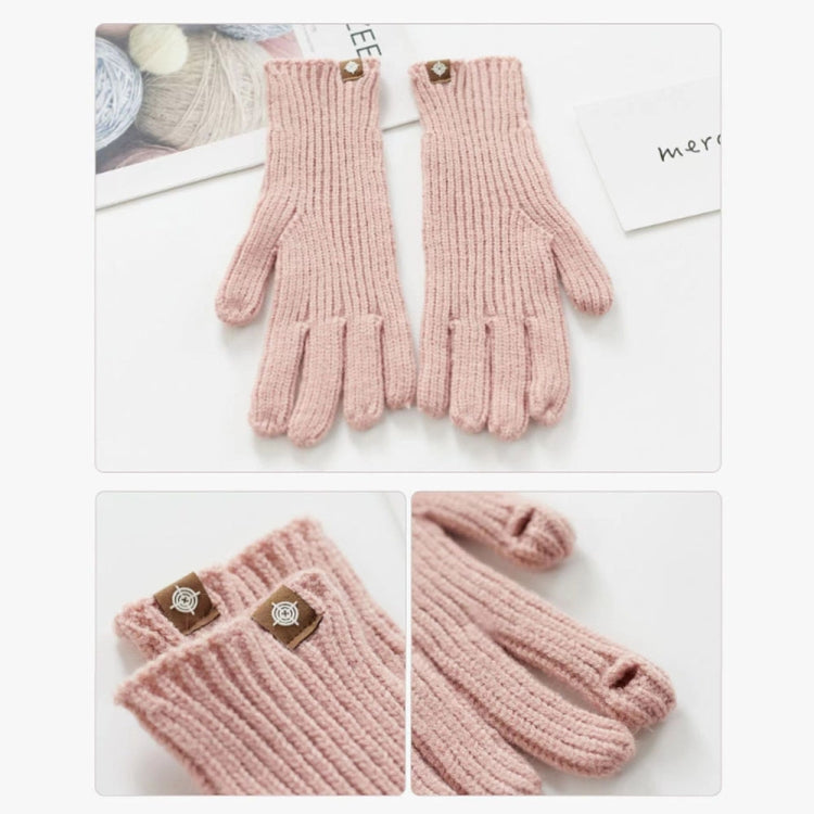 Pink ribbed wool knit touchscreen gloves with striped texture and split finger design