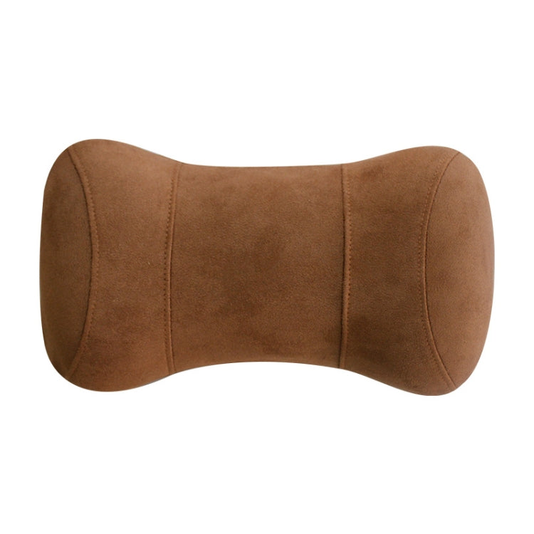 Brown memory foam neck pillow with curved headrest support and stitched seams