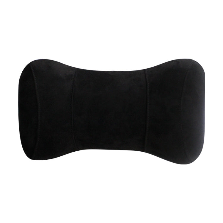 Black memory foam neck pillow with curved headrest support and stitched seams