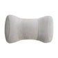 Light gray memory foam neck pillow with curved headrest support and stitched seams