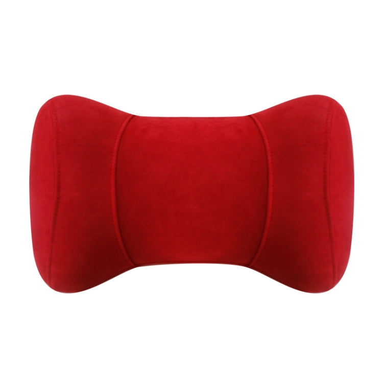 Red memory foam neck pillow with curved headrest support and stitched seams