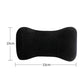Black memory foam neck pillow, 33cm long and 19cm tall, curved headrest support