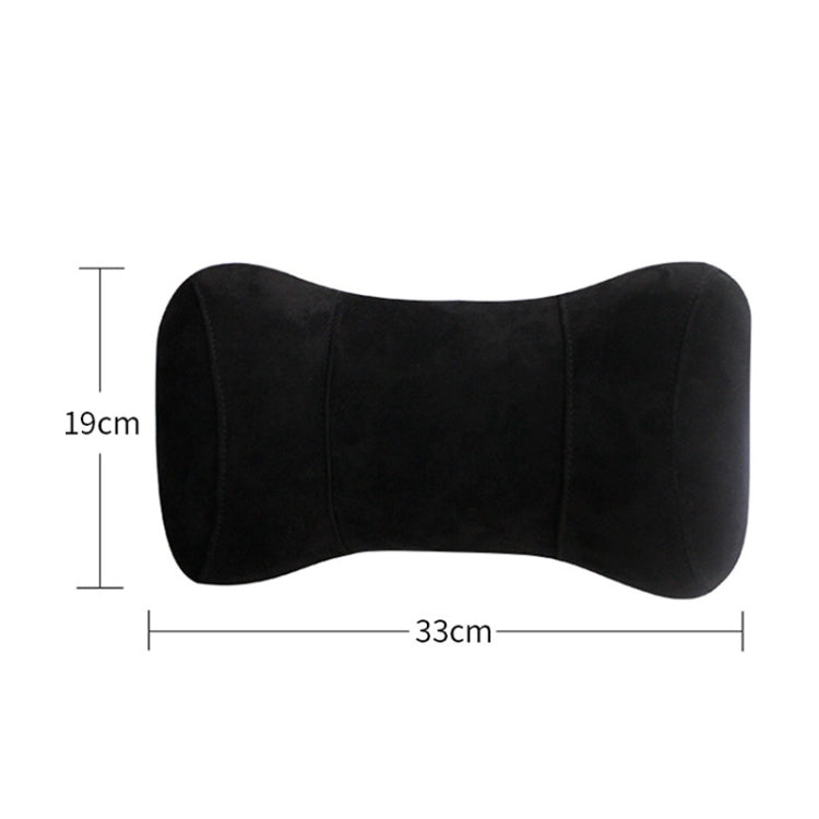 Black memory foam neck pillow, 33cm long and 19cm tall, curved headrest support