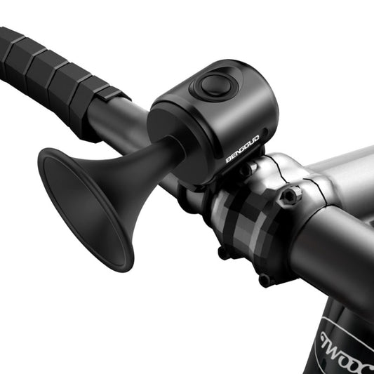 Black electric bicycle horn with bulb-style sound mouth and mounting bracket