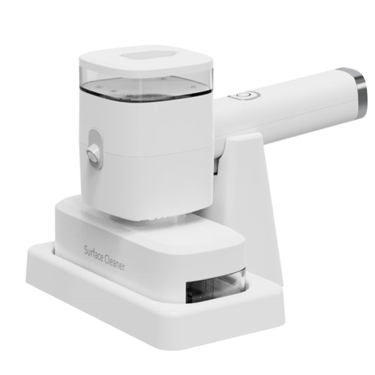 White wireless handheld window cleaner with scraper bar on a charging base