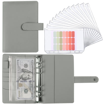 Gray PU cash budget notebook with 6-ring binder and loose-leaf sleeves, open view