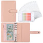 Pink PU cash budget notebook with 6-ring binder and loose-leaf sleeves, open view