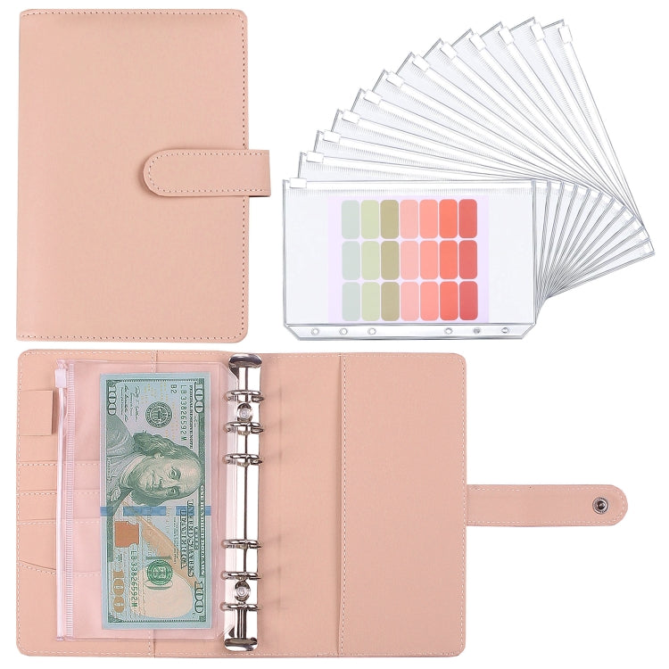 Pink PU cash budget notebook with 6-ring binder and loose-leaf sleeves, open view
