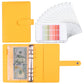 Yellow PU cash budget notebook with 6-ring binder and loose-leaf sleeves, open view