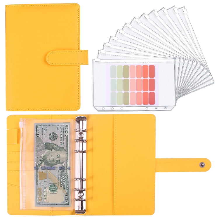Yellow PU cash budget notebook with 6-ring binder and loose-leaf sleeves, open view