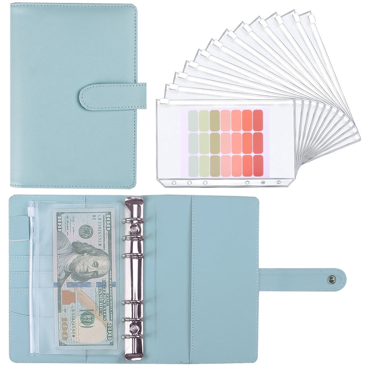 Light blue PU cash budget notebook with 6-ring binder and loose-leaf sleeves, open view