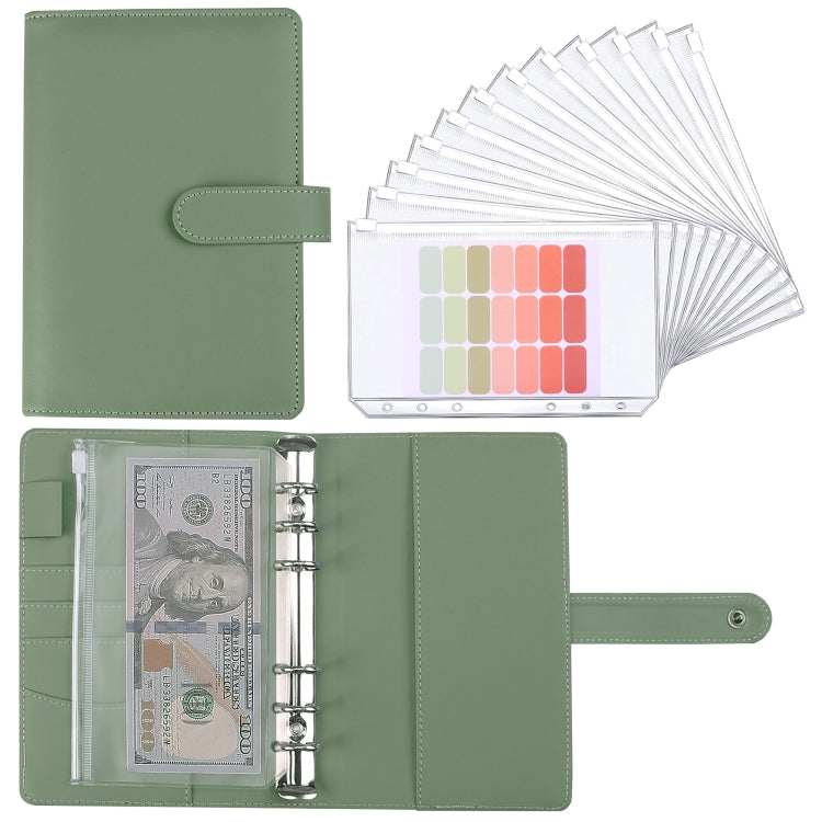 Green PU cash budget notebook with 6-ring binder and loose-leaf sleeves, open view