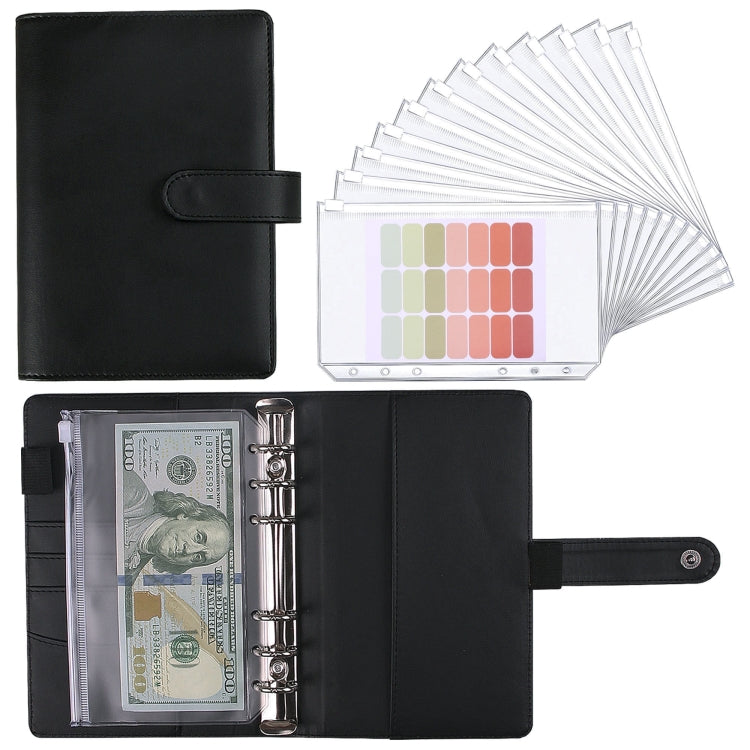 Black PU cash budget notebook with 6-ring binder and loose-leaf sleeves, open view