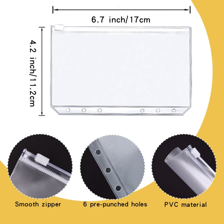 A6 binder envelope pockets with smooth zipper, 6 pre-punched holes, PVC material