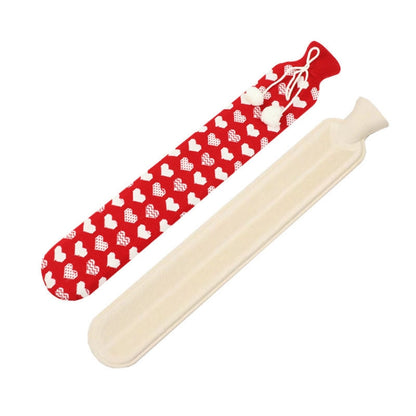 Red-and-white heart patterned long hot water bag cover with strap opening