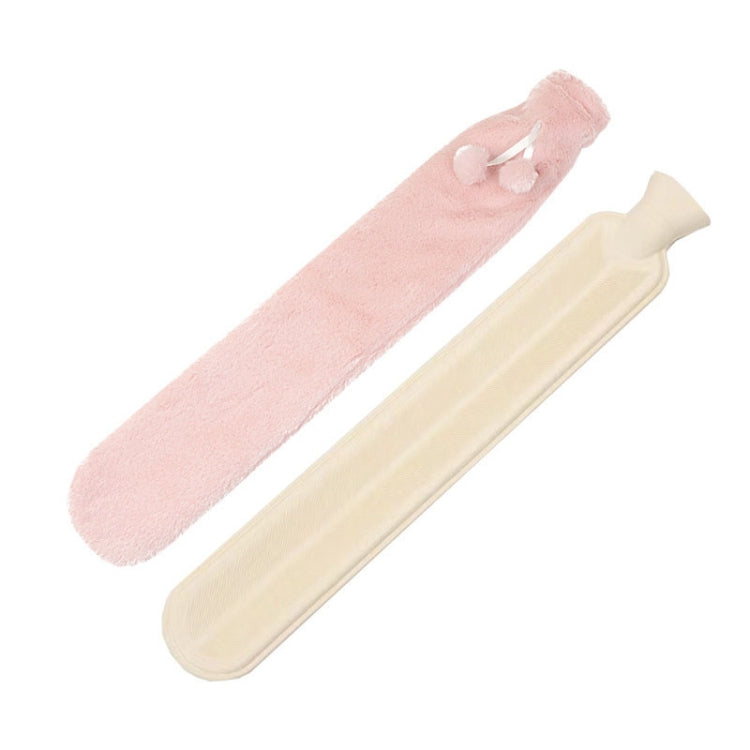 Pink plush long hot water bag cover with buttoned tab, paired with cream cover