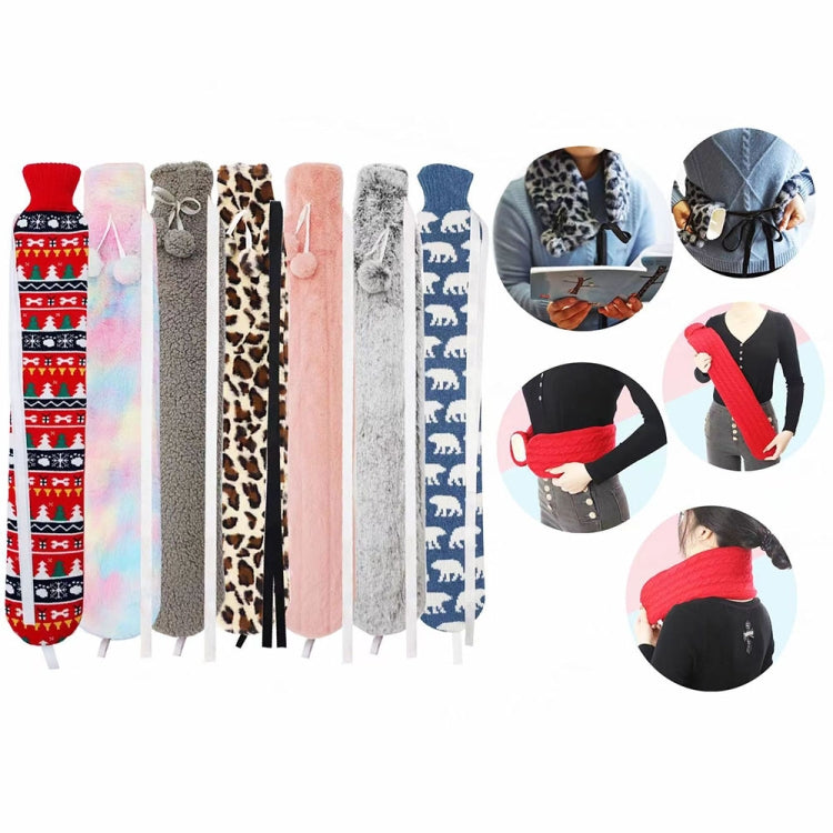 Set of long hot water bag covers in assorted colors and patterns, including pink plush