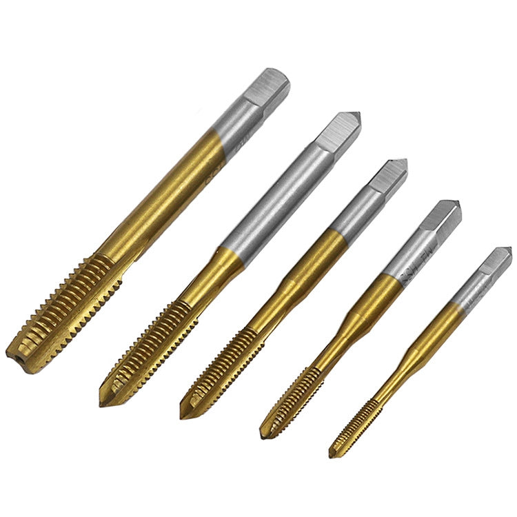 5 HSS straight slot taps with titanium gold coating, angled view