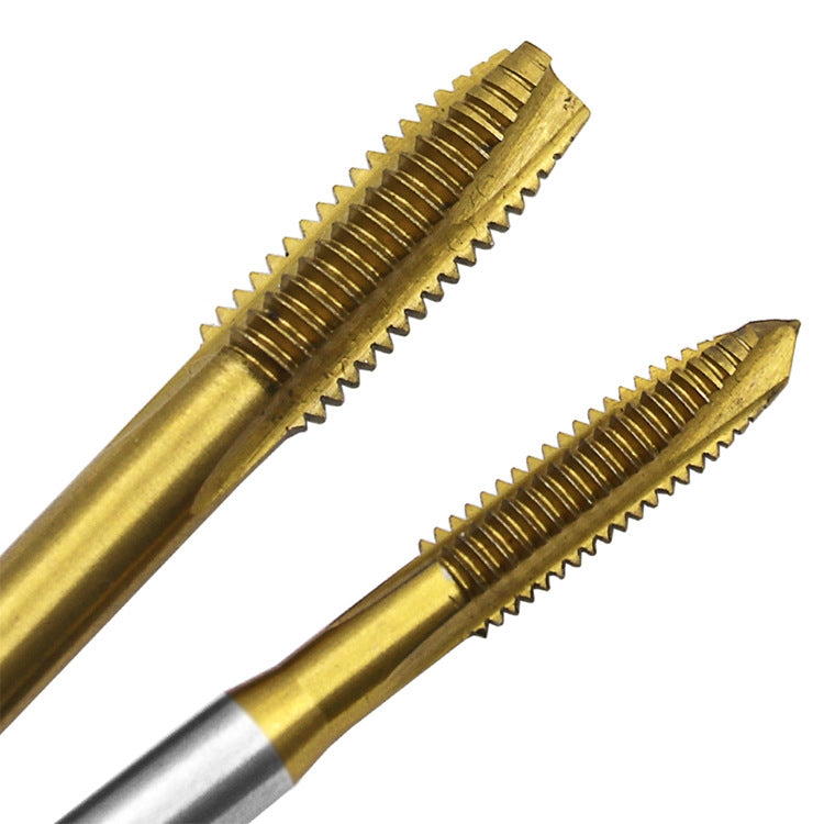 Pair of titanium gold HSS straight slot taps, close-up of threading