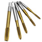 Five titanium gold HSS straight slot taps laid out, inner thread cutting tools
