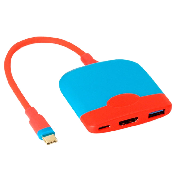 Blue and red portable expansion dock base with two ports and red cable with gold connector
