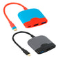Portable expansion dock bases in blue/red and black/gray with cables and dual ports