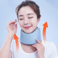 Light blue neck brace ring worn around the neck, front view on person