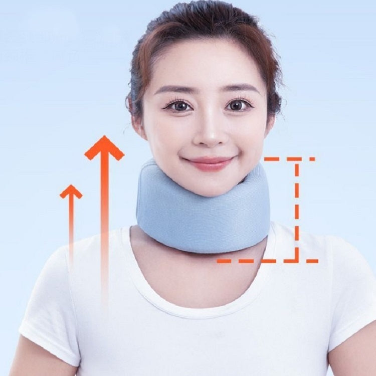Light blue neck brace ring worn around the neck, front view on person