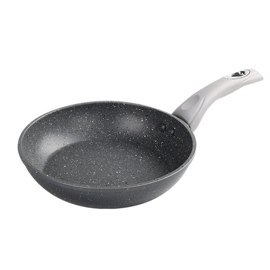 Grey nonstick frying pan with speckled interior and white handle
