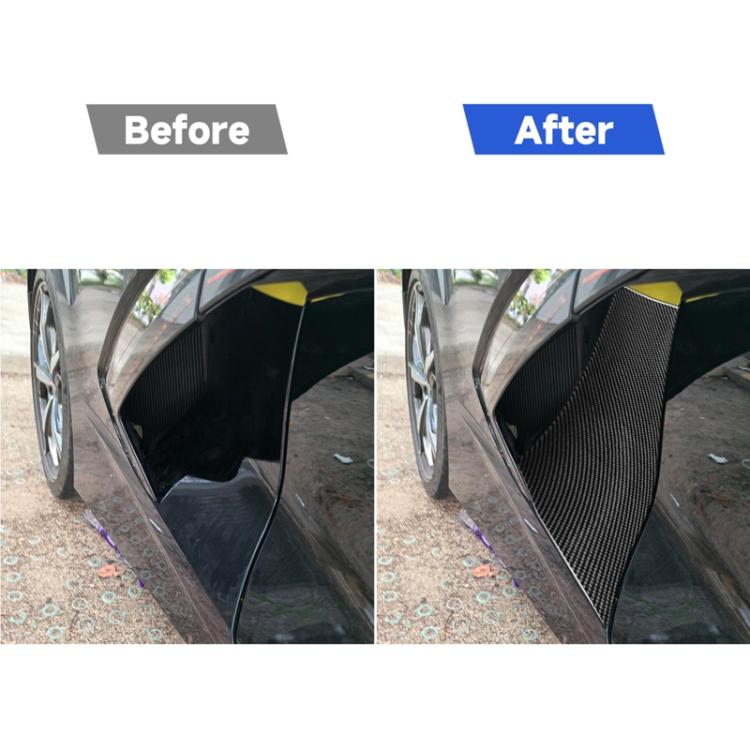Pair of black carbon-fiber exhaust port stickers installed on car body panels