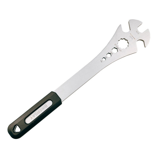 Extended bicycle pedal wrench with multi-tool head and black/green grip handle