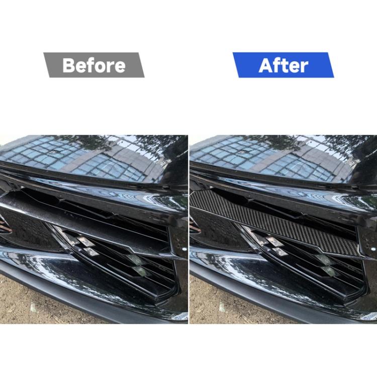Front grille before-and-after view showing carbon-fiber vent stickers installed