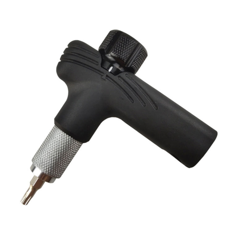 Black bike torque wrench with knurled grip handle and metal bit tip