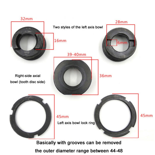 Black axle bowl and lock ring adapters with size and groove markings