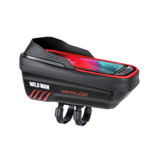 Hard-shell waterproof bicycle bag with red touch-screen window, top carry handle