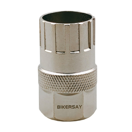Bicycle flywheel tool socket, silver metal, knurled grip, BIKERSAY logo