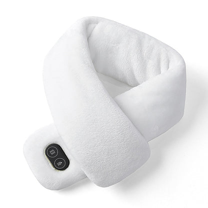 White heated massage neck scarf with built-in control panel and soft plush fabric