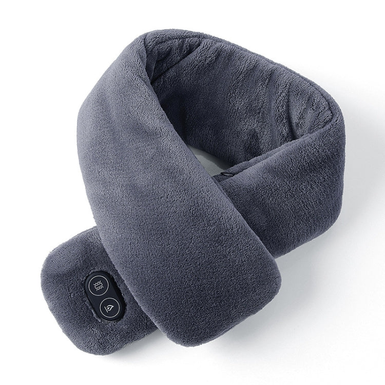 Dark gray heated massage neck scarf with rounded control button on plush fabric