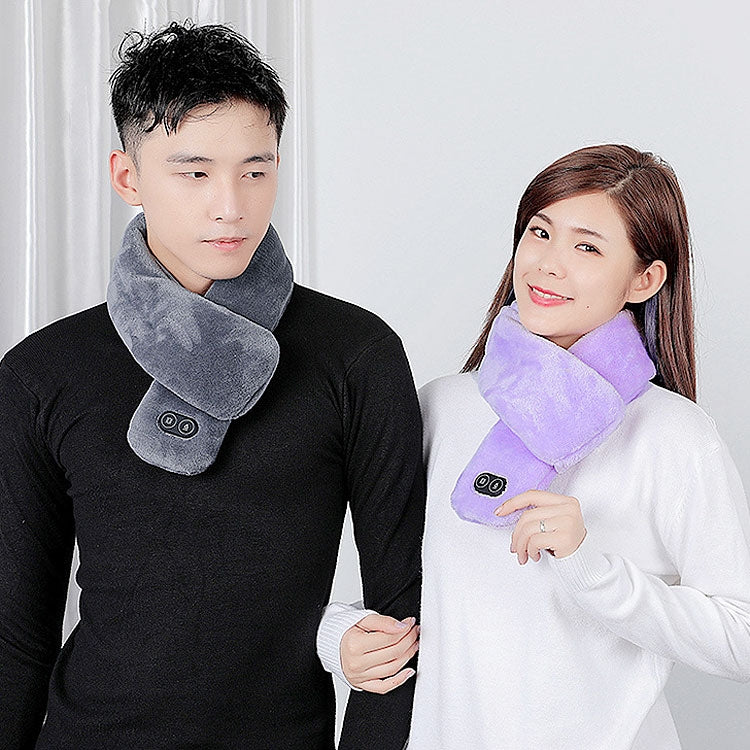 Heated massage neck scarves on models: gray and purple plush wraps with control buttons