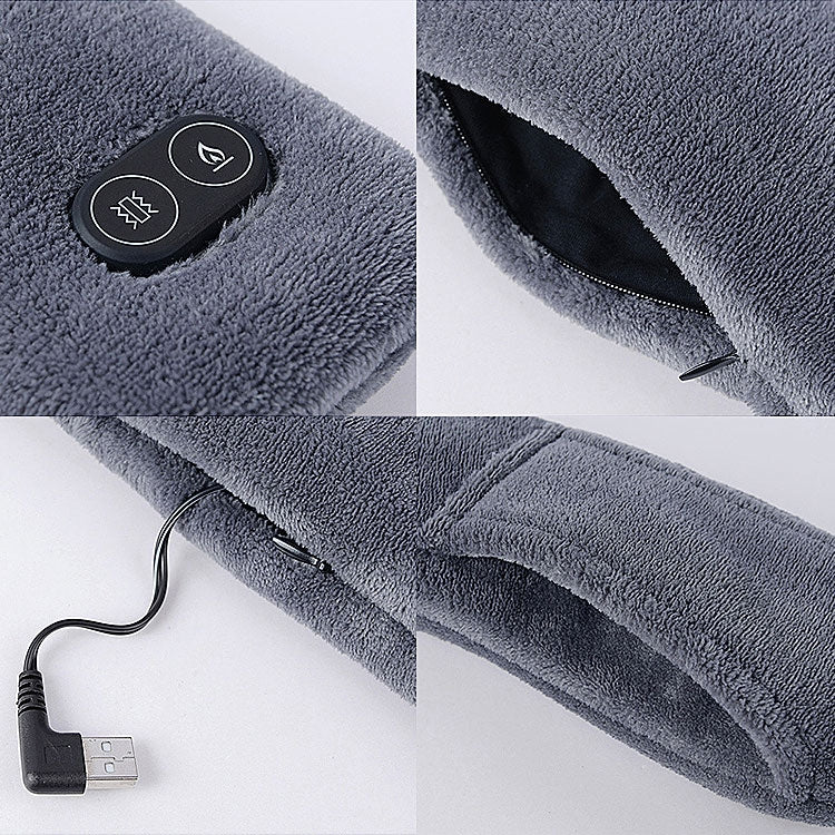 Dark gray heated neck scarf with control panel and USB charging cable connection
