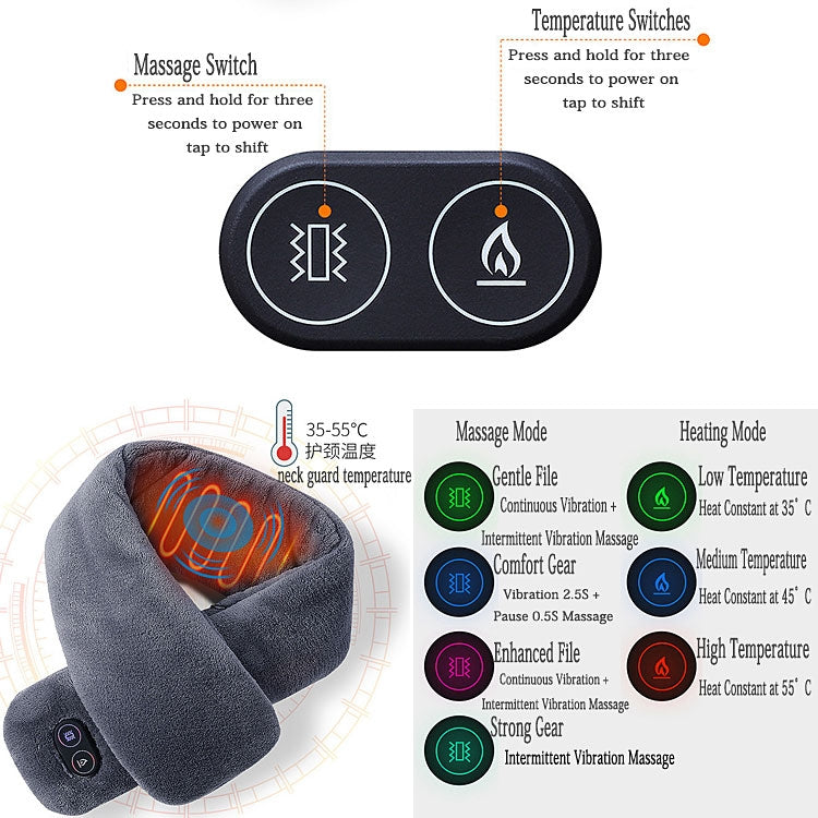 Heated massage neck scarf with control buttons and dark gray plush cover