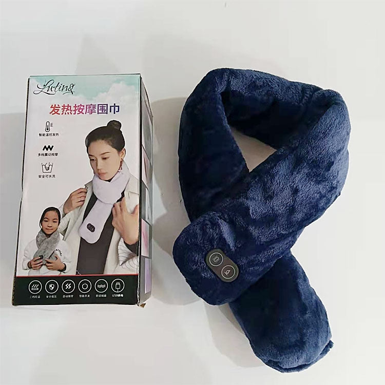 Heating massage neck scarf in navy blue plush with round control switch