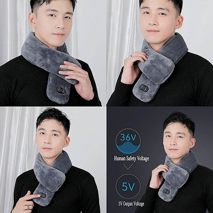 Heated massage neck scarf, gray plush, worn around the neck by a person