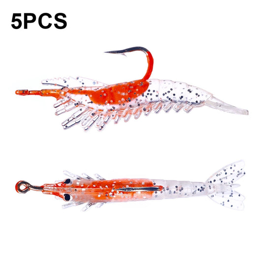 Soft shrimp fishing lure set with orange speckled white bodies, hooks, and translucent tails