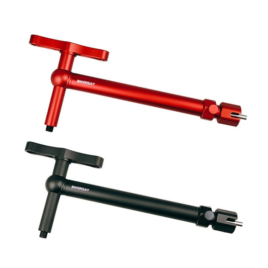Red and black bicycle wheel change tools with rear tail hooks and rods